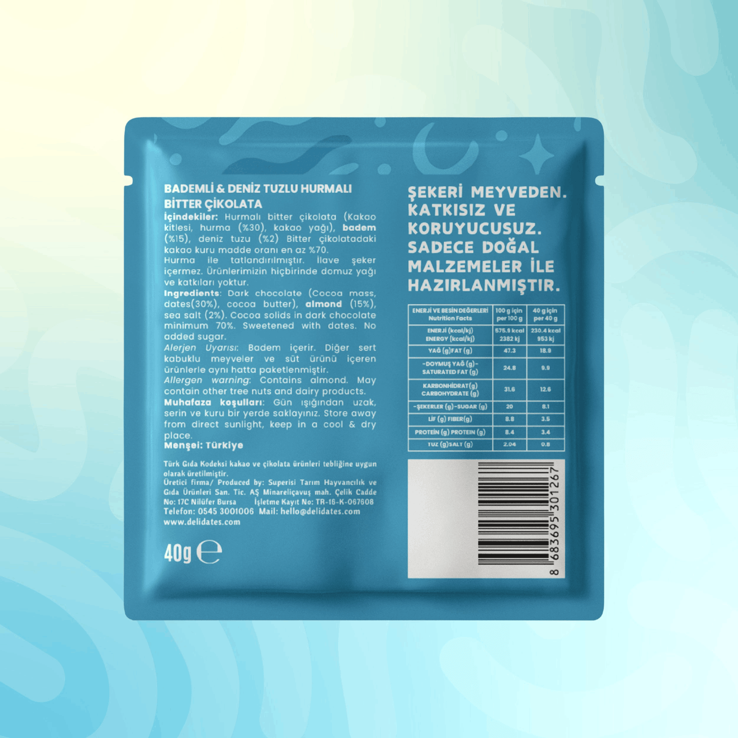 Delidates  Bademli & Deniz Tuzlu Bitter Çikolata 40 gr