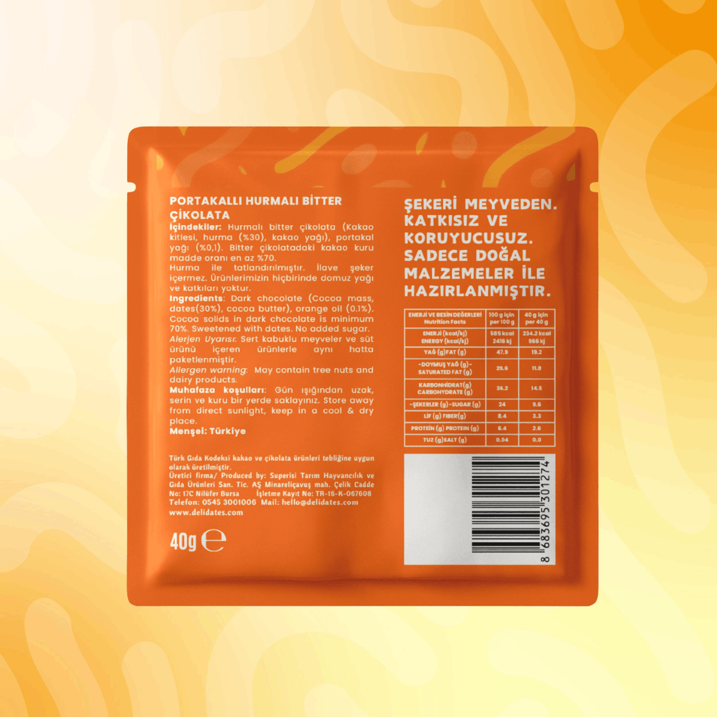 Delidates Portakallı Hurmalı Bitter Çikolata 40 gr